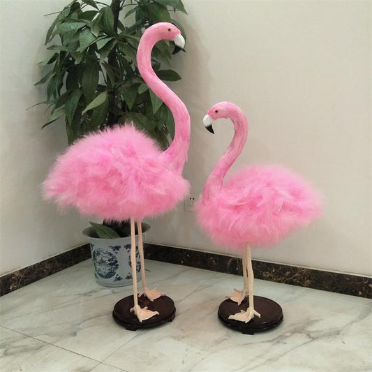 Pink Feathered Flamingo Decor Set – Luxury Real Feather Simulation Animal Figurines, Home Display, Window Decor, Wedding Party Props (Pair)