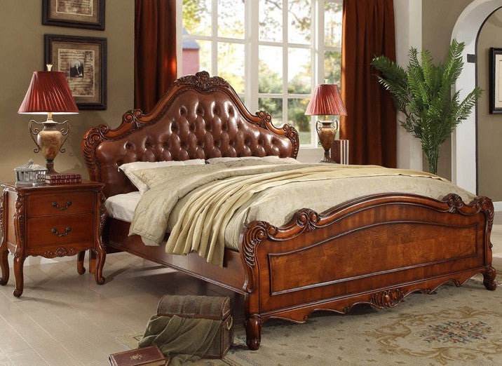Leather Tufted Bed – Classic European Wood Frame King Bed with Button-Tufted Headboard, Vintage Carved Wedding Bed 1.8M