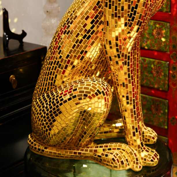 Premium Golden Mirror Mosaic Leopard Sculpture – Handcrafted Reflective Tile Art with Majestic Sitting Pose, Luxury Home Statement Piece