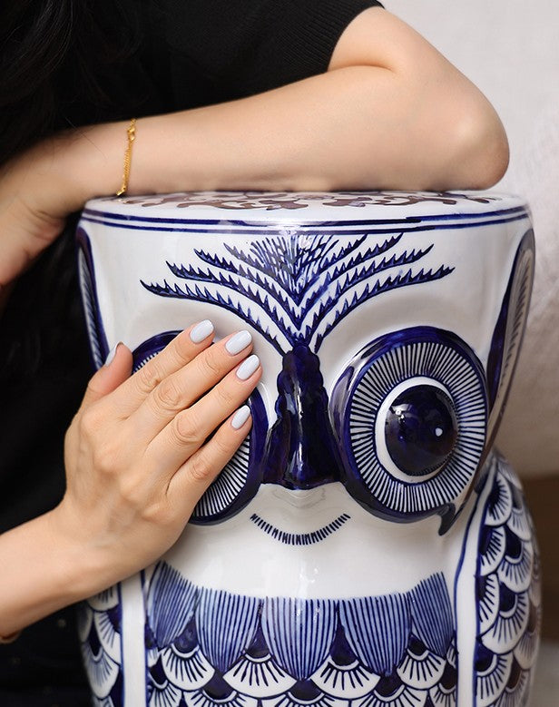 Blue and White Porcelain Owl Garden Stool, Traditional Asian Ceramic Multi-Purpose Stool, Decorative Side Table for Living Room & Entryway