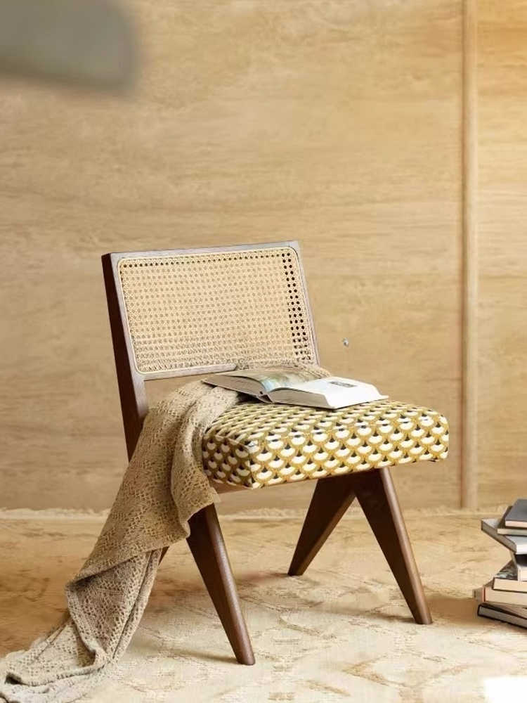 Mid-Century Rattan Back Solid Wood Accent Chair – Vintage Designer Single Dining & Study Chair for Home & Living Room