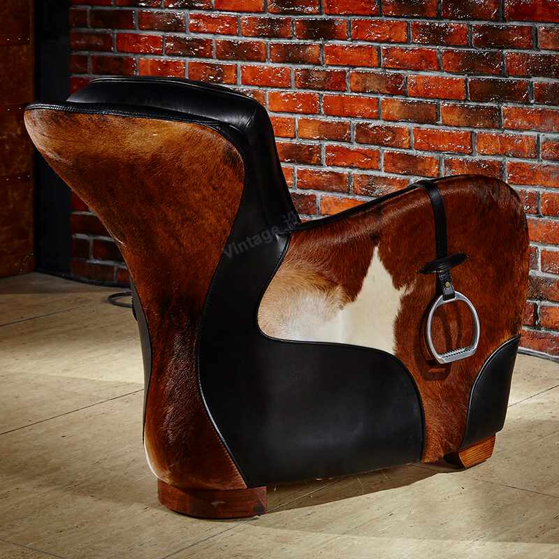 Italian Luxury Saddle Chair – Premium Waxed Leather & Cowhide Accent Chair with Equestrian-Inspired Design, Vintage European Living Room Furniture