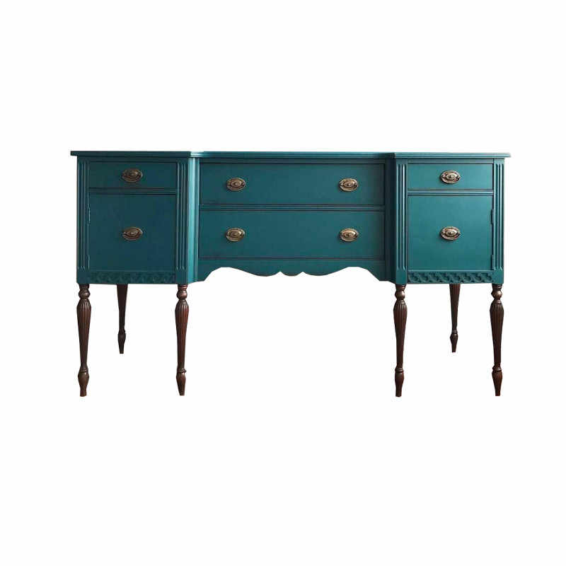 Vintage Blue Solid Wood Sideboard Cabinet – Carved Entryway Console Table with Drawers for Dining Room, Villa Hallway & Foyer