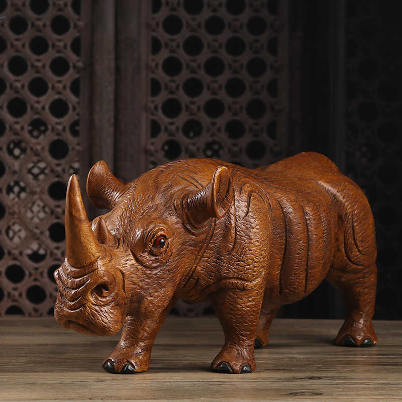 Thai Hand-Carved Wooden Rhinoceros Sculpture, Southeast Asian Home Decor Desktop Figurine for Living Room & Wine Cabinet, Small