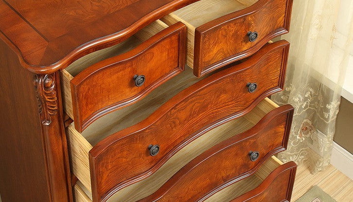 European Traditional Six-Drawer Tall Chest – Solid Wood American Country Style Dresser with Ornate Carved Details, Classic Bedroom Storage Furniture