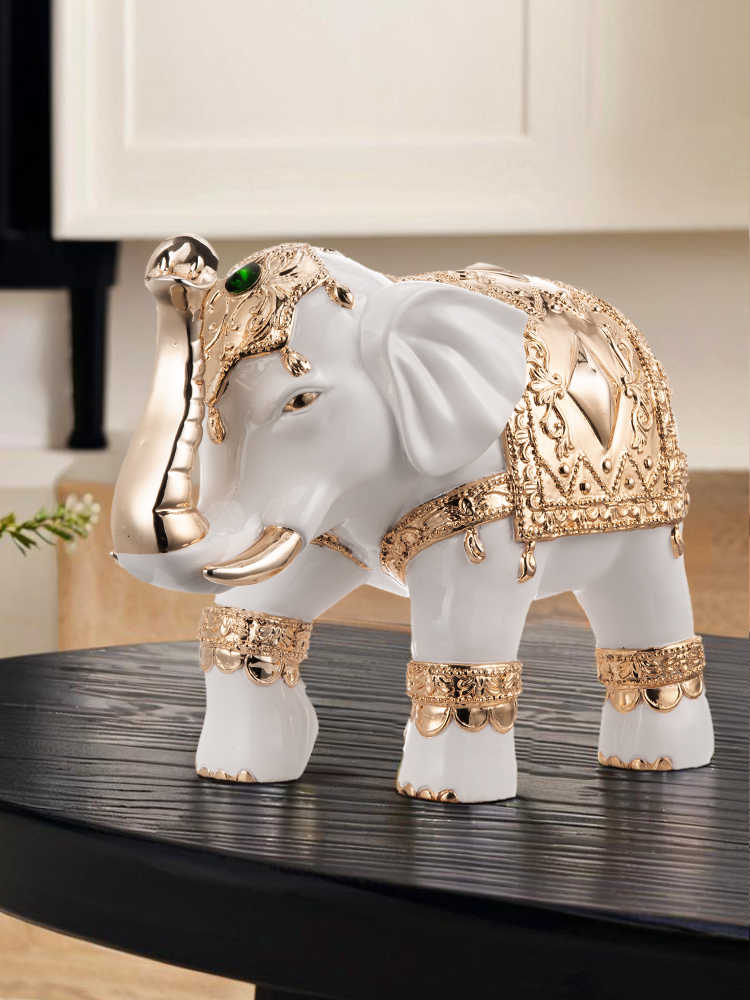 Luxury White and Gold Elephant Figurine – Resin Decorative Statue for Living Room, Entryway, TV Stand, or Gift