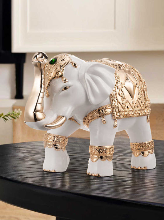 Luxury White and Gold Elephant Figurine – Resin Decorative Statue for Living Room, Entryway, TV Stand, or Gift