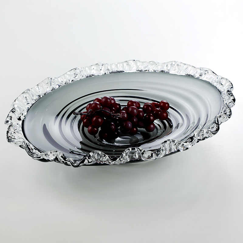Premium Gray Crystal Glass Oval Fruit Bowl, Large Pleated Edge Design with Wave Pattern Base, Luxury Serving Dish for Fruits & Snacks