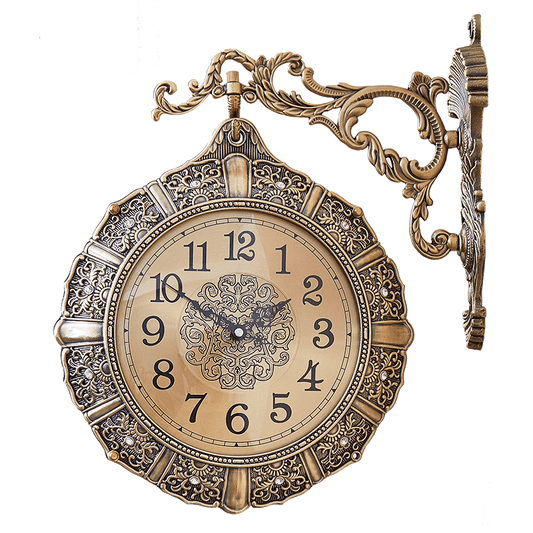 Vintage Double-Sided Wall Clock, Ornate Silent Decorative Clock for Living Room, Entry, or Luxury Home, Metal Frame, Glass Face