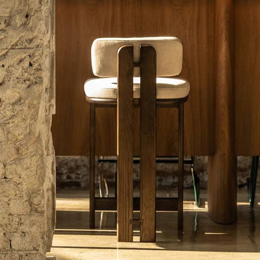 French Cream Style Bar Stool – Designer Solid Wood High Counter Chair, Mid-Century Modern Upholstered Kitchen Island Stool with Backrest