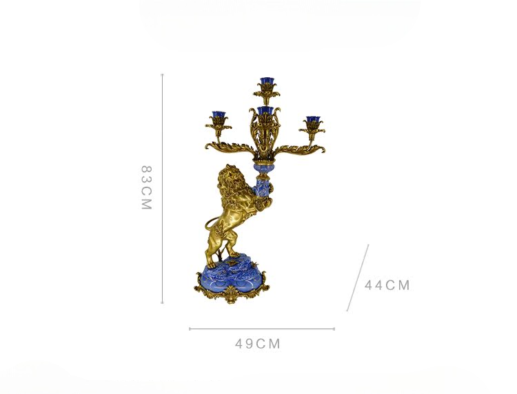 Luxury Blue Porcelain Brass Lion Candelabra – Villa Entrance Candle Holder Centerpiece