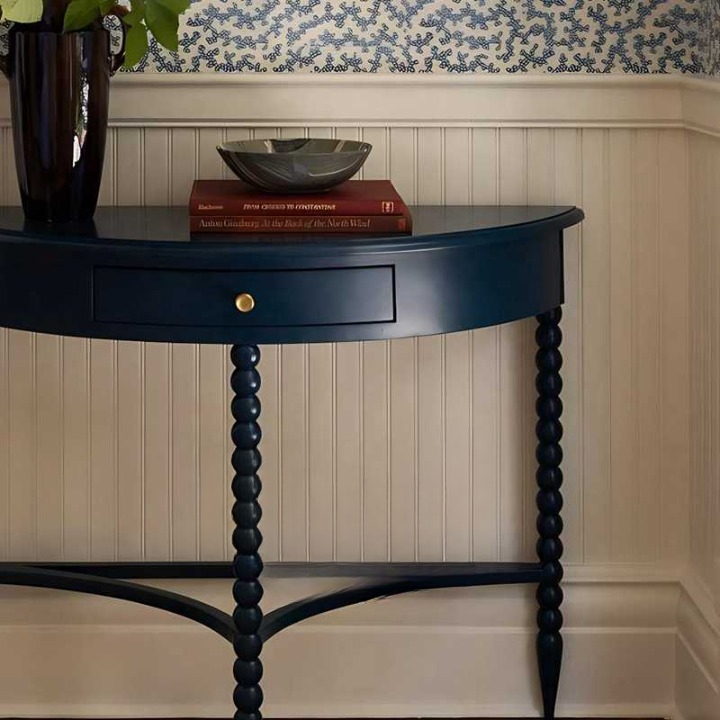 Black Solid Wood Half-Moon Console Table – Decorative Spindle Leg Entryway Table with Drawer, Semi-Circle Foyer Accent