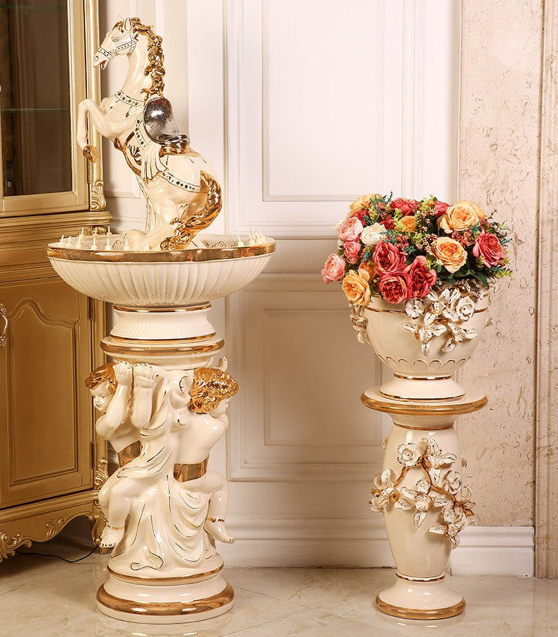 Oversized Ceramic Galloping Horse Fountain – Luxury Style Indoor Floor Water Feature, Living Room & Hotel Entryway Statement Decor