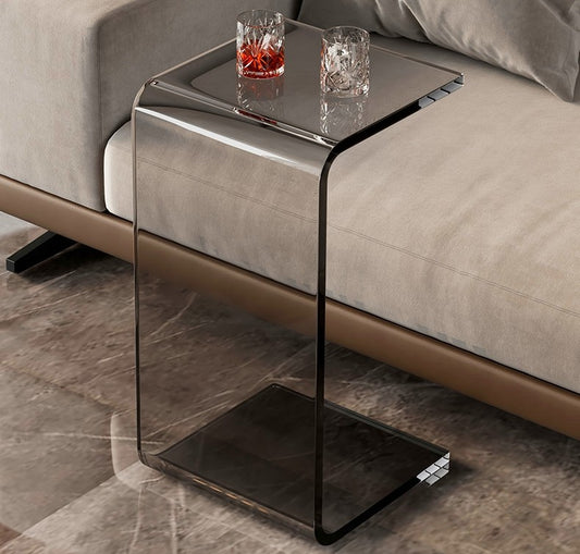 Modern Smoke Gray Acrylic C-Shaped Side Table – Minimalist Transparent Sofa Accent End Table, Small Living Room Nightstand, Space-Saving Bedside Coffee Table