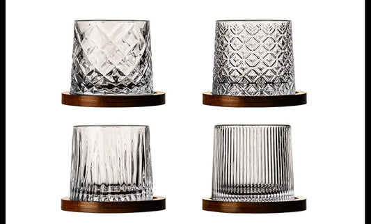 Crystal Whiskey Glass Set 280ml – Mixed 4 Designs: Diamond, Glacier, Stripe, Ice Flower, High-End Rotating Decompression Tumblers with Wood Coasters
