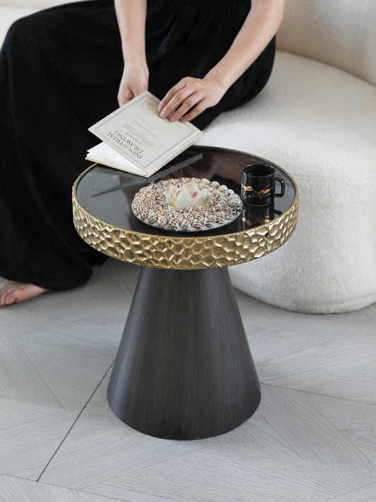Luxury Shell Inlay Side Table, Modern Gold and Black Metal Accent Table with Glass Top for Living Room & Sofa