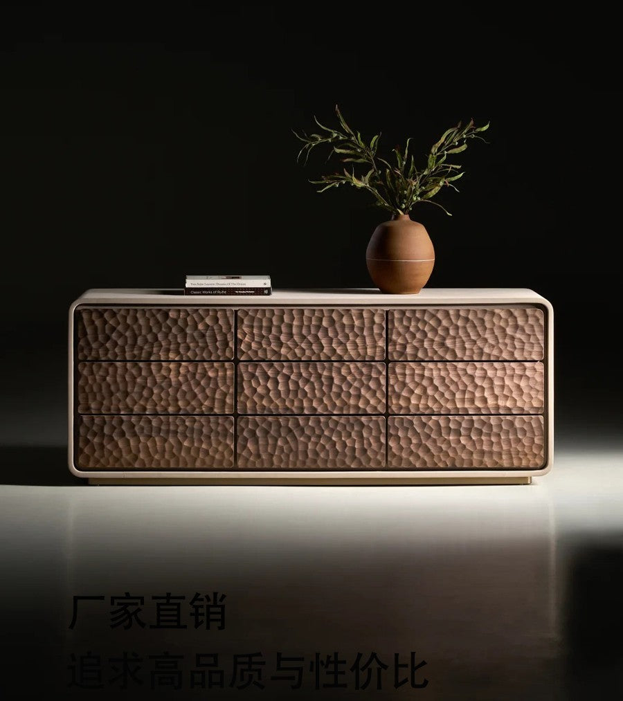 Vintage Solid Wood Hammered Texture Sideboard, Designer Buffet Storage Cabinet for Living Room Entryway, 8-Drawer Modern Chest