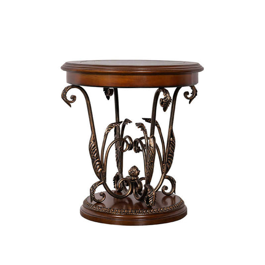 Vintage Caramel Brown Round Clock Side Table – European Wrought Iron Scrollwork Coffee Table, American-Style Wood End Table with Glass Clock Top
