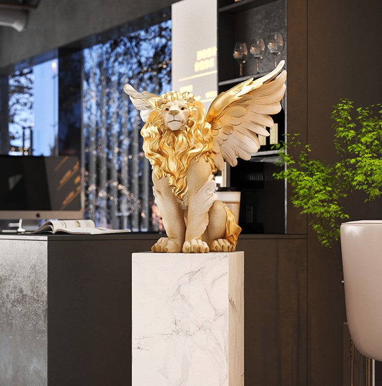 Majestic Winged Lion Sculpture – Gold & White Resin Griffin Statue for Modern Luxury Living Room or Foyer Decor