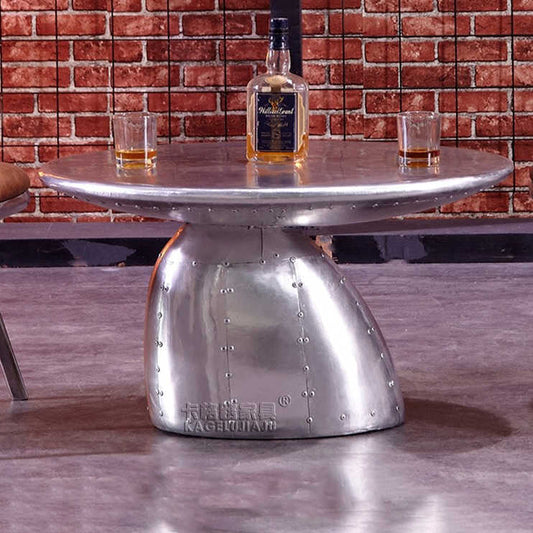 Vintage Industrial Mushroom Aluminum Coffee Table with Riveted Base, Mid-Century Modern Pub Style Side Table