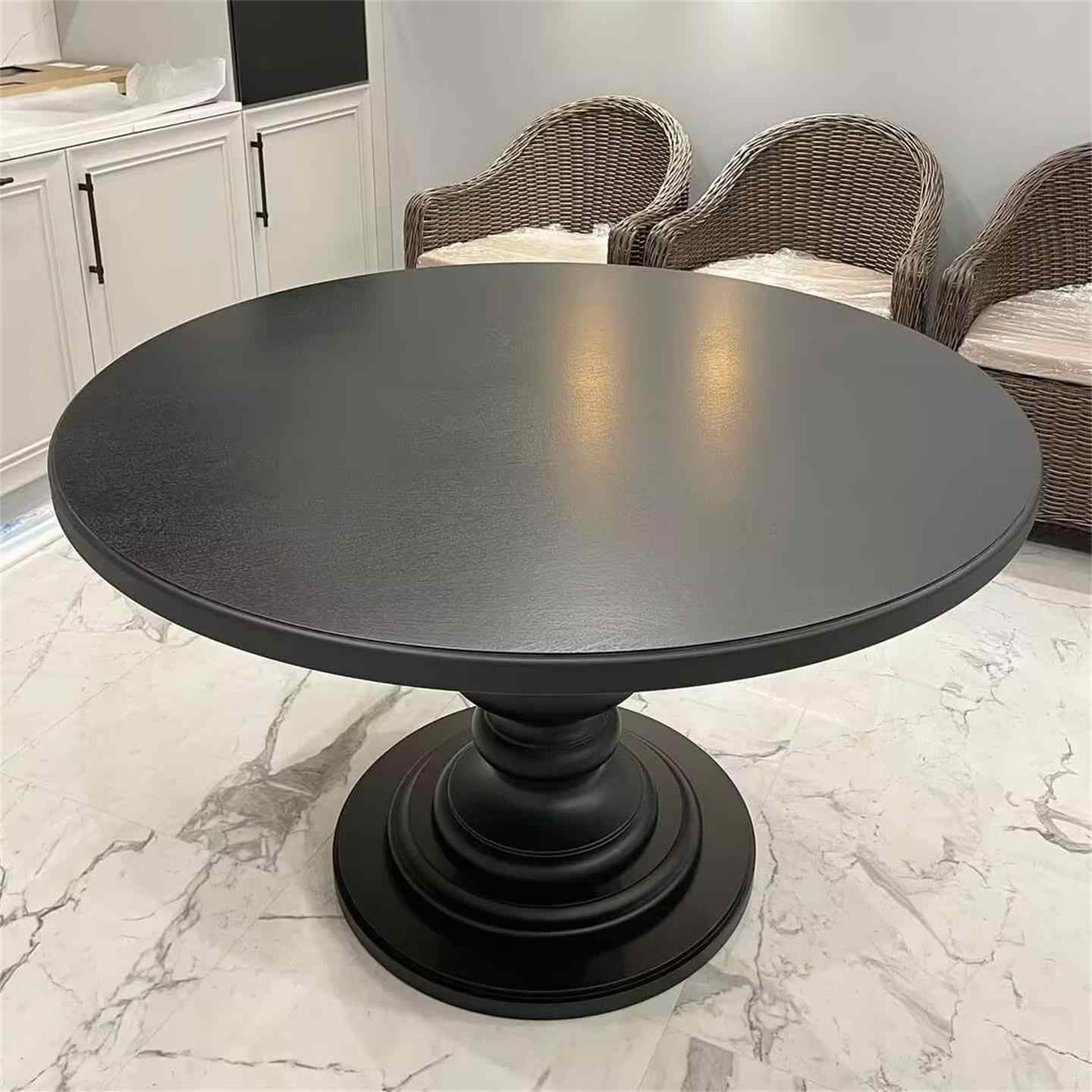 Solid Wood Round Dining Table, Designer Vintage Black Pedestal Table, Small Luxury Apartment or Living Room