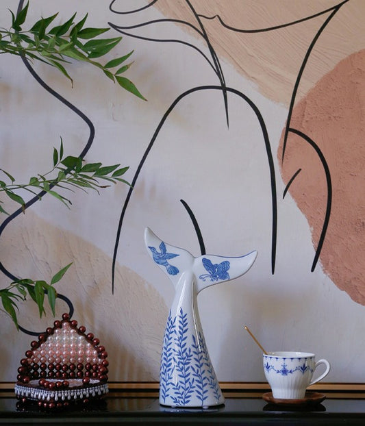 Blue and White Porcelain Whale Tail Sculpture, Asian Ceramic Fish Tail Art for Prosperity, Traditional New Asian Style Home Decor