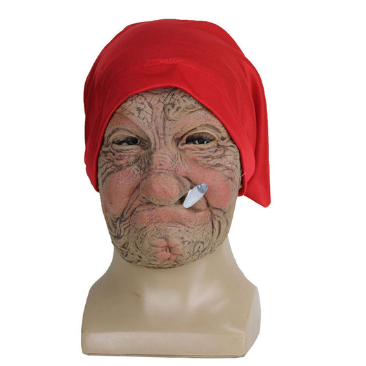 Red Headscarf Old Man Latex Mask – Smoking Grandpa Horror Costume, Halloween Joker Jack Cosplay Prop