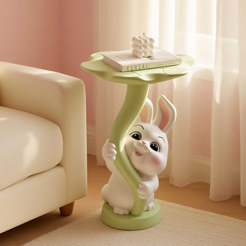 Rainy Day Baby Bunny Floor Table, Cute Modern Leaf Side Table for Living Room, Sofa, Bedroom, Home Decor