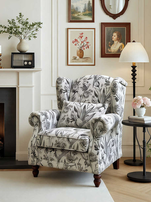 Vintage Floral Tiger Chair – Black and White Retro Lounge Armchair, Single Sofa for Living Room/Garden/Balcony