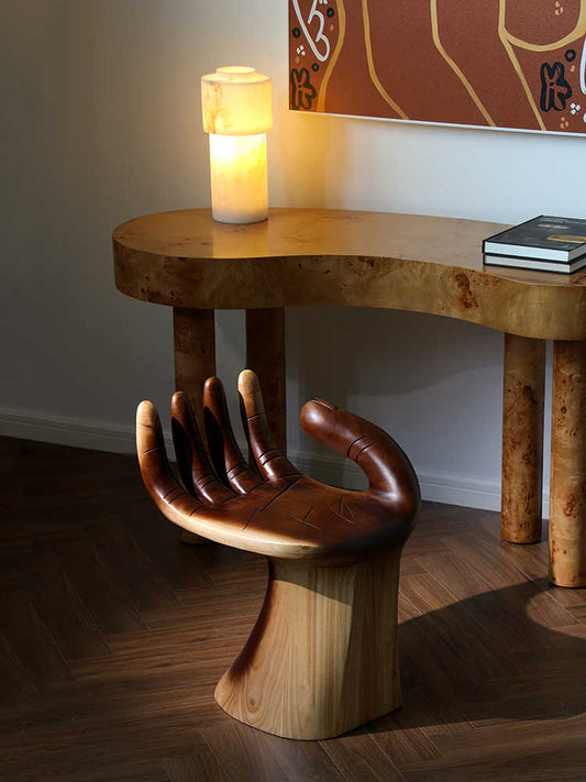 Hand Shaped Accent Chair – Modern Solid Wood Palm Single Chair, Designer Sculpture Art Seat, Unique Rest Lounge Chair for Living Room, Entryway, Bedroom, Office, 37x33x65cm