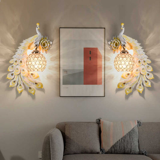 Luxury White Peacock Wall Lamp (Rechargeable Pair), Resin & Crystal Modern Decor Sconce for Living Room, Bedroom, Staircase