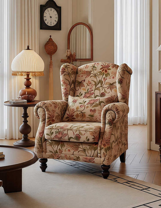 Vintage Floral Tiger Chair – High-Back Retro Armchair, Living Room/Bedroom/Balcony, Designer Single Sofa