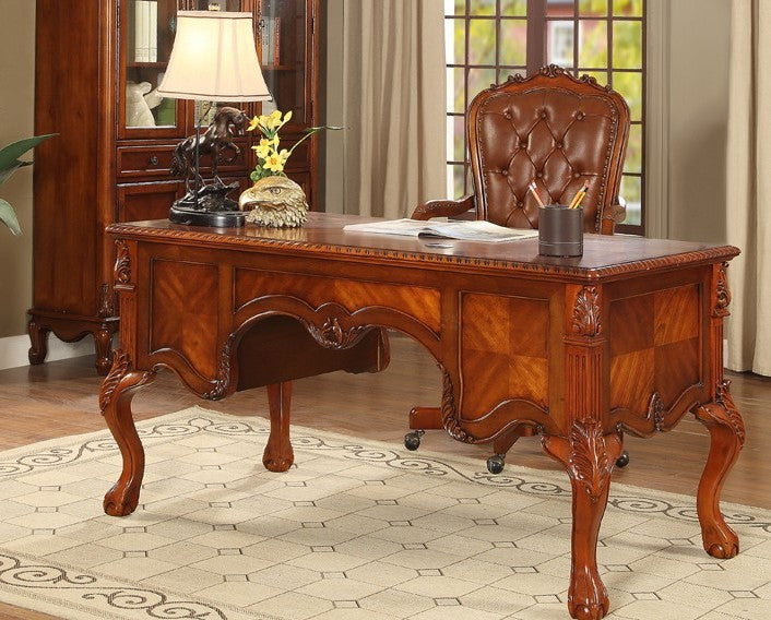 Classic Solid Wood Leather Office Chair, Executive Swivel Computer Desk Chair with Armrests