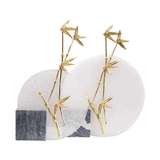 Modern Golden Bamboo Sculpture – Large Abstract Metal and Marble Decor for Entryway, Study, Living Room, Zen Office