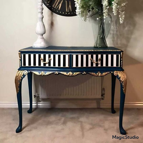 Neoclassical Striped Console Table – Light Luxury Entryway Accent, Blue Gold Decorative Hallway Table
