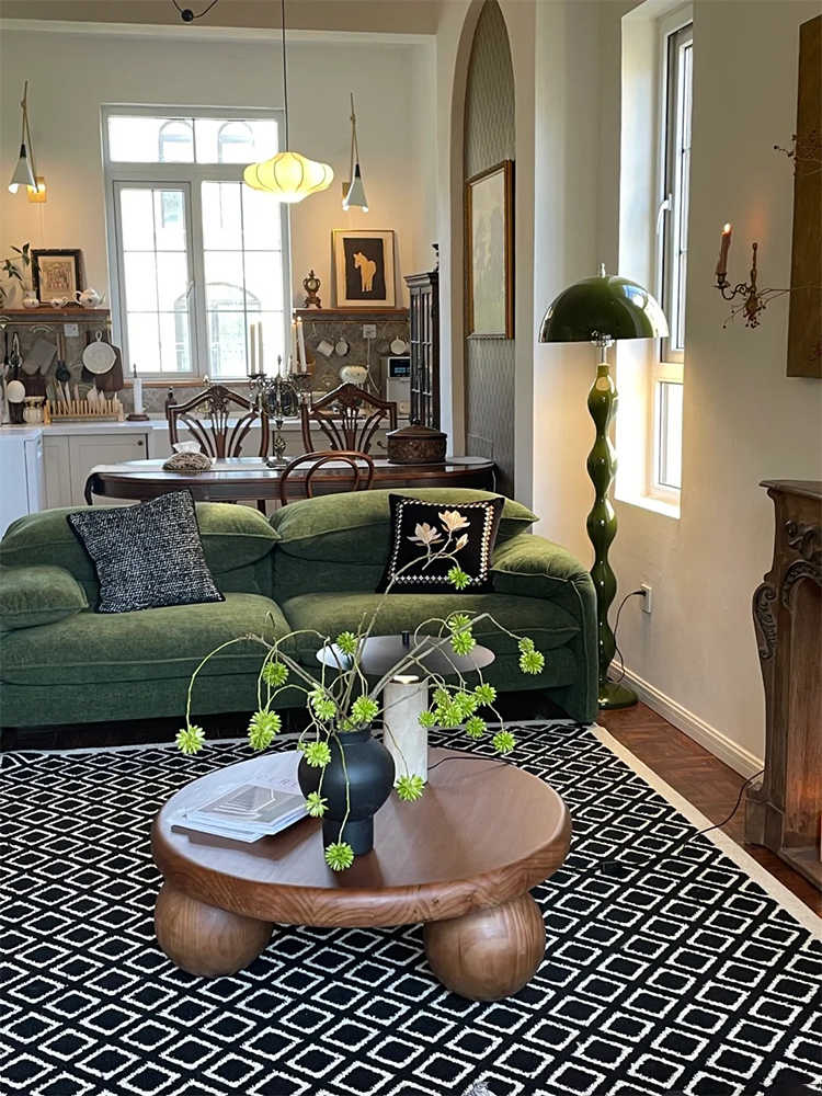 Vintage Solid Wood Ball Coffee Table, Deep Walnut Round Low Table for Living Room