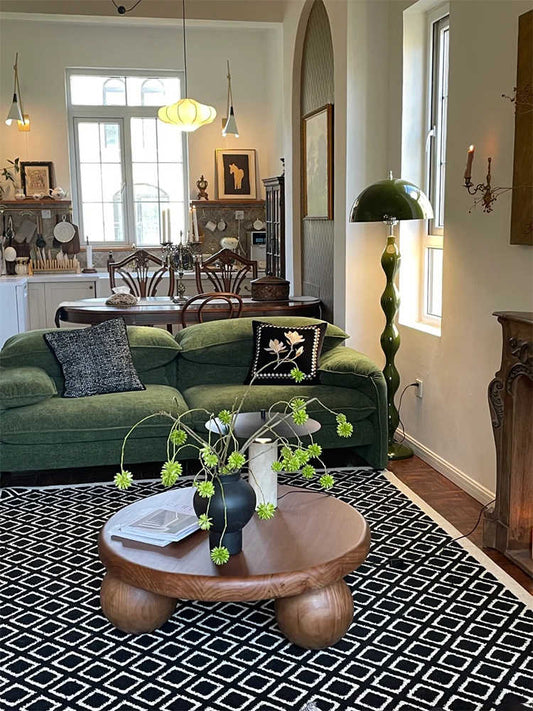 Vintage Solid Wood Ball Coffee Table, Deep Walnut Round Low Table for Living Room
