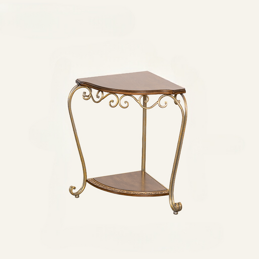 Antique Triangular Corner Table – Vintage Metal Carved Iron and Wood Small End Table for Living Room Sofa Entryway