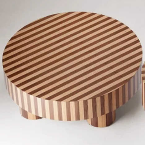 Nordic Italian Wabi-Sabi Round Striped Wood Coffee Table – Modern Small Space Living Room Accent Table, Designer Inlaid Low Tea Table, Minimalist Floral Pattern Centerpiece