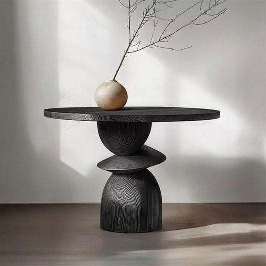 Solid Ash Wood Round Dining Table, Minimalist Designer Black Modern Conference Table for Home, Café, or Dining Room