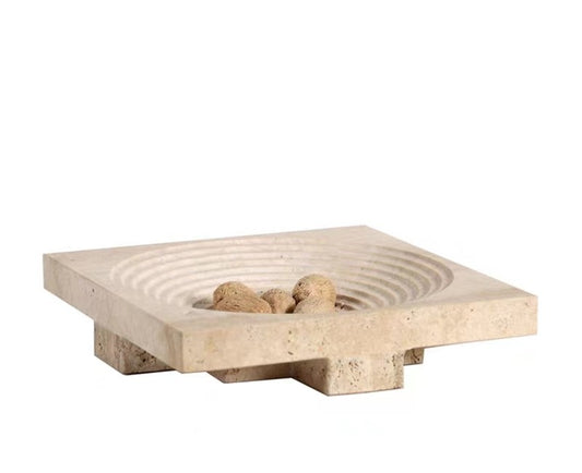 Modern Square Yellow Marble Tray – Concentric Grooved Fruit Plate, Living Room, Tea Table, Dining Table, Sales Office Decor