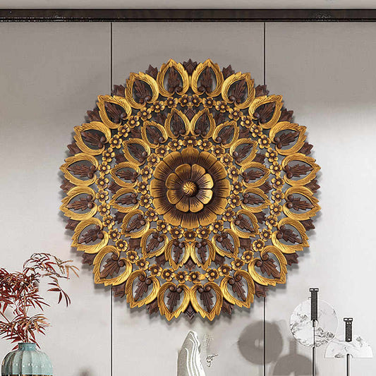 Thai Hand-Carved Teak Wood Mandala Wall Art, Large Southeast Asian Lotus Flower Wall Sculpture for Hotel & Restaurant Decor