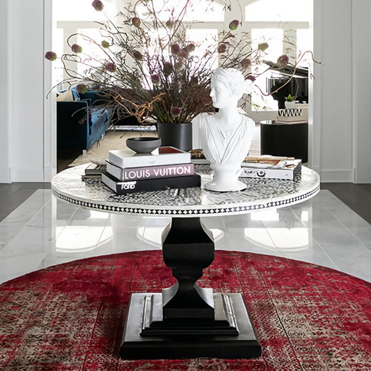 Luxury Hand-Painted Solid Wood Round Dining Table – Modern Classic 1.2m Vintage Marble-Top Restaurant Table