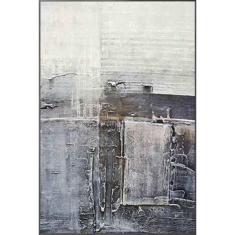 Modern Minimalist Large Black White Gray Abstract Hand-Painted Canvas Wall Art, Vertical Textured Oil Painting with Black Aluminum Frame, Living Room & Entryway