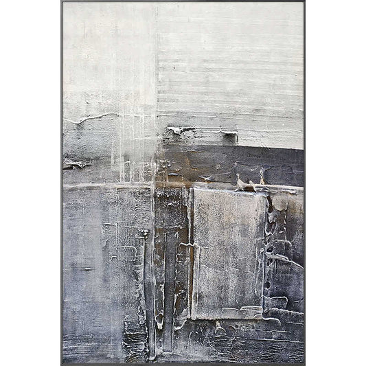 Modern Minimalist Large Black White Gray Abstract Hand-Painted Canvas Wall Art, Vertical Textured Oil Painting with Black Aluminum Frame, Living Room & Entryway