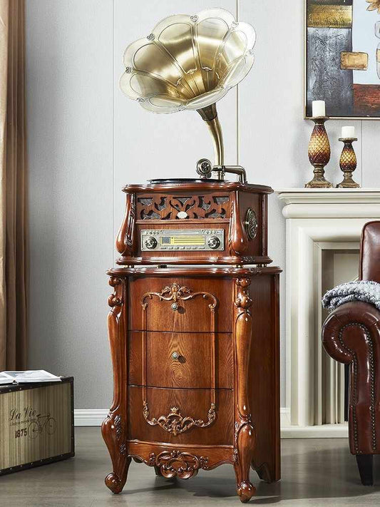 Van Kalente Vintage Gramophone with Large Brass Horn, Classic American Phonograph Turntable, Retro Vinyl Record Player Cabinet