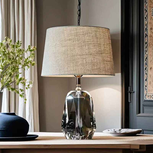 American Luxury K9 Crystal Table Lamp with Linen Shade, Modern Minimalist Designer Lighting for Living Room & Bedroom, Hotel Style