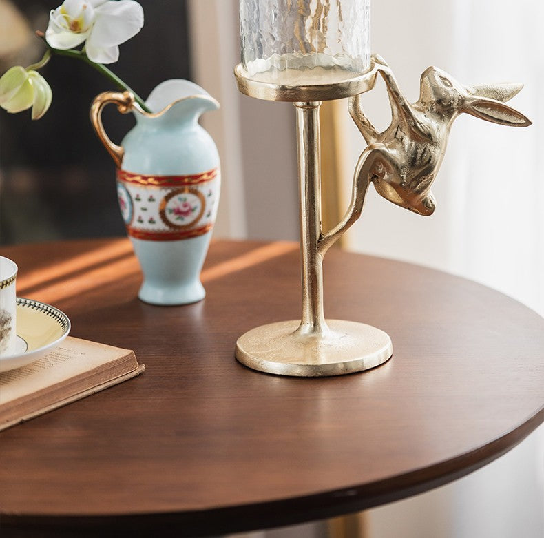 Gold Glass Candle Holder Set – Dancing Girl and Rabbit Design, Romantic Luxury Hotel, Dinner, and Event Table Decor