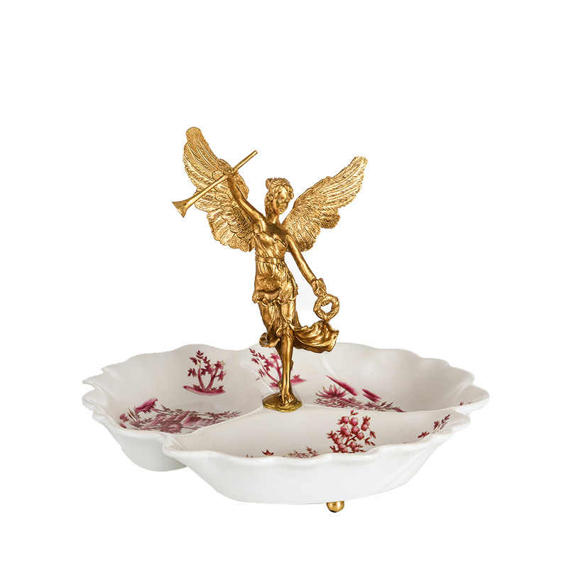 Porcelain and Brass Angel Fruit Bowl – Decorative Red Floral Centerpiece Dish for Living Room, Coffee Table, Dining Room, and Gift Décor