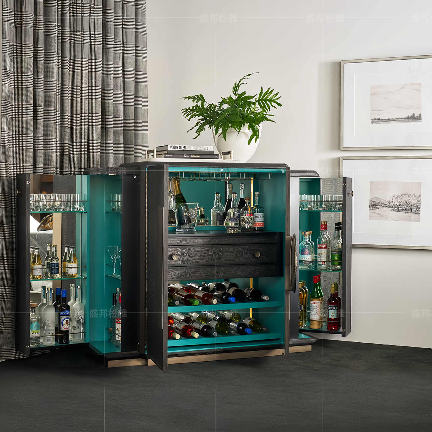 Luxury Designer Crocodile Leather Sideboard Cabinet – Premium Solid Wood Bar Storage for Villa Living Room & Dining